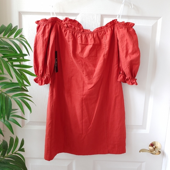 Lulus Off The Shoulder Lace Up Mini Dress Rust S - Picture 7 of 10